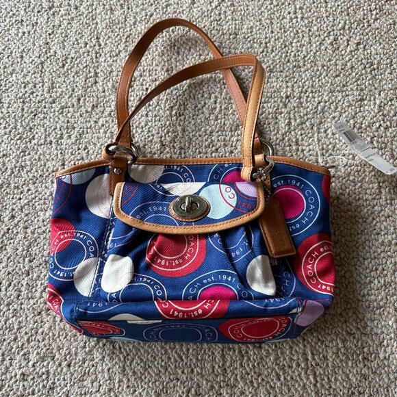 NWT Coach Polka Dot Small Leah Purse - Red, White, Blue Signature Handbag - Picture 1 of 11